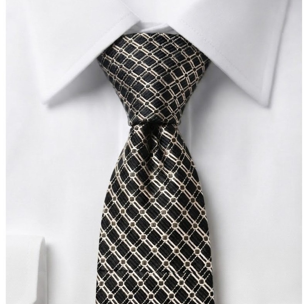Canali Mens Silk Tie Black Ivory Geometric Grid Pattern Italy 58in Tie - CJ